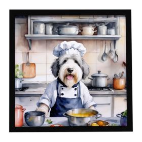 Old English Sheepdog The Chef Framed Metal Print Bathroom, Kitchen, Office, Home Decor Wall Art Ready to Hang, Square, 8X8