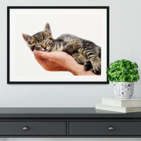 Little baby cat sleeping in male arms Framed Print (Color: Black/No White Edging, size: 12" x 8" / 30cm x 20cm (approx))